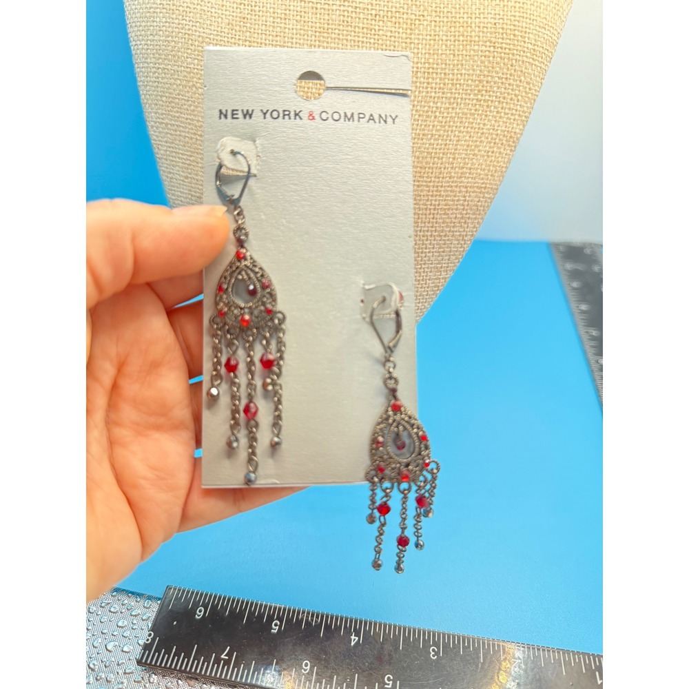 New‎ York & Company Gunmetal Red Bead Chandelier Leverback Drop Earrings Boho